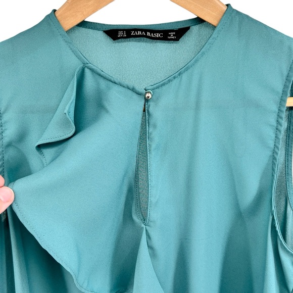 Zara Basic Women Sleeveless Blouse Small Teal Keyhole Silky Ruffle Accent Career - Picture 7 of 12